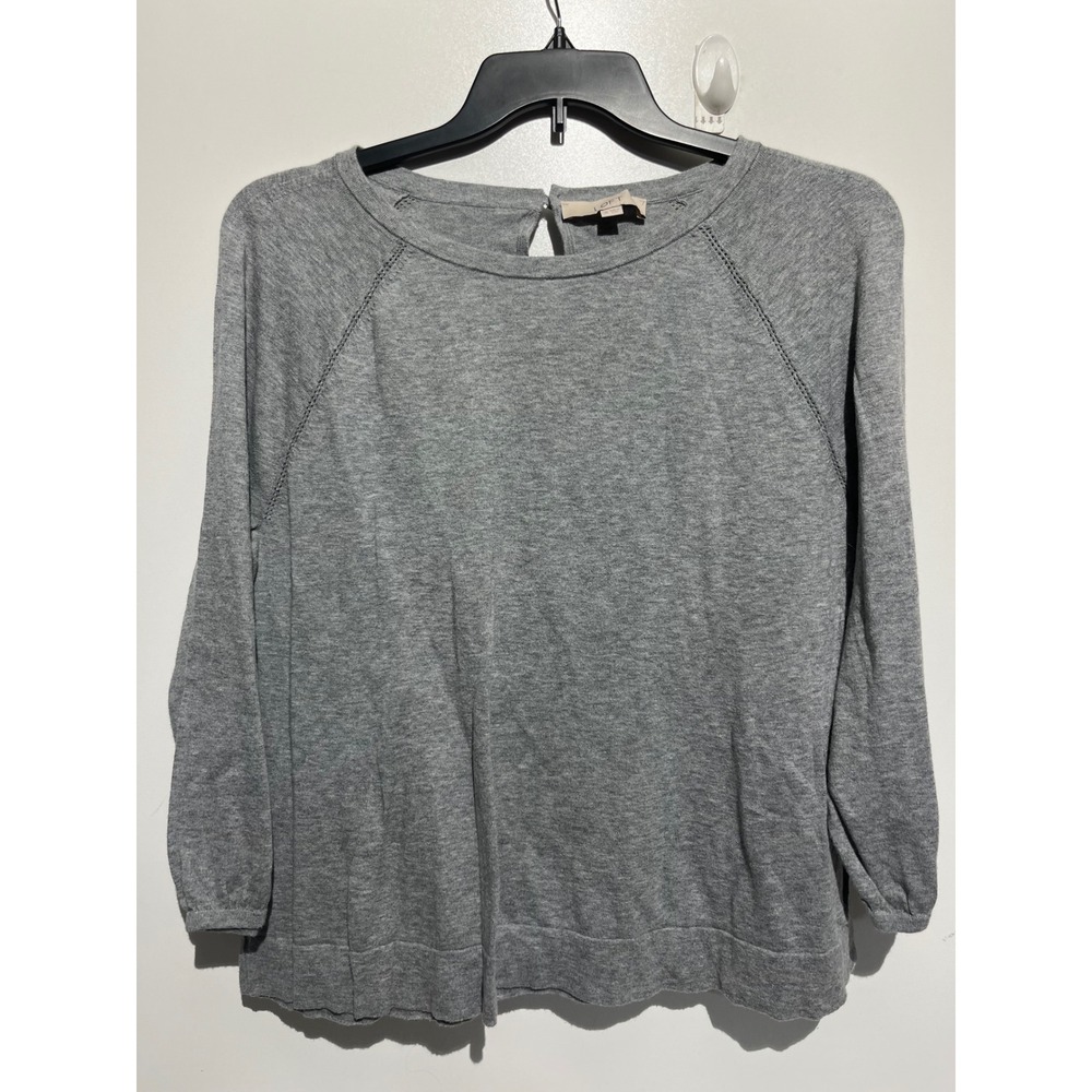 LOFT Women XL Gray Long Sleeve Knit Top Keyhole Back Pointelle Raglan Sweater